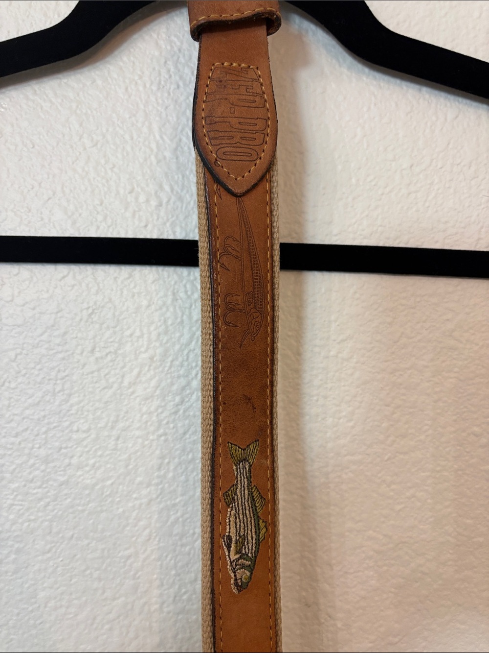 Zep-Pro leather and canvas belt with embroidered and embossed fish designs